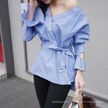 2019 Long Sleeve Ruffle Slim  Striated Turn-down Collar Dip Hem Elegant Blouse for women